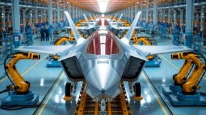 Illustration von der automatisierten Produktion des zentralen Rumpfs für F-35 Kampfjets.