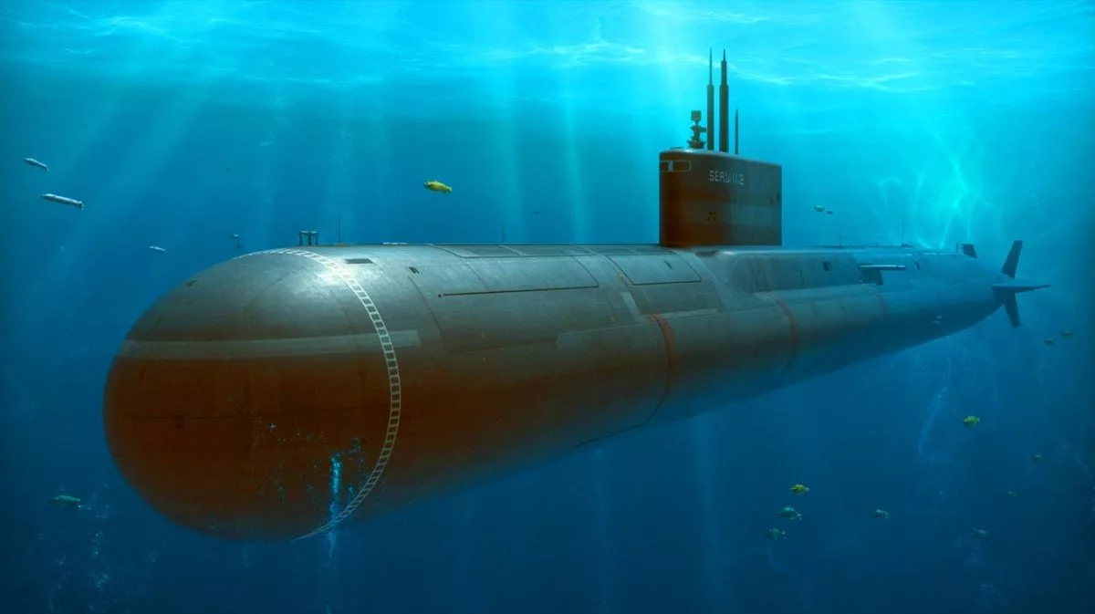Illustration von einem Virginia Block V Angriffs-U-Boot mit erweitertem Rumpf und erhöhter Schlagkraft.