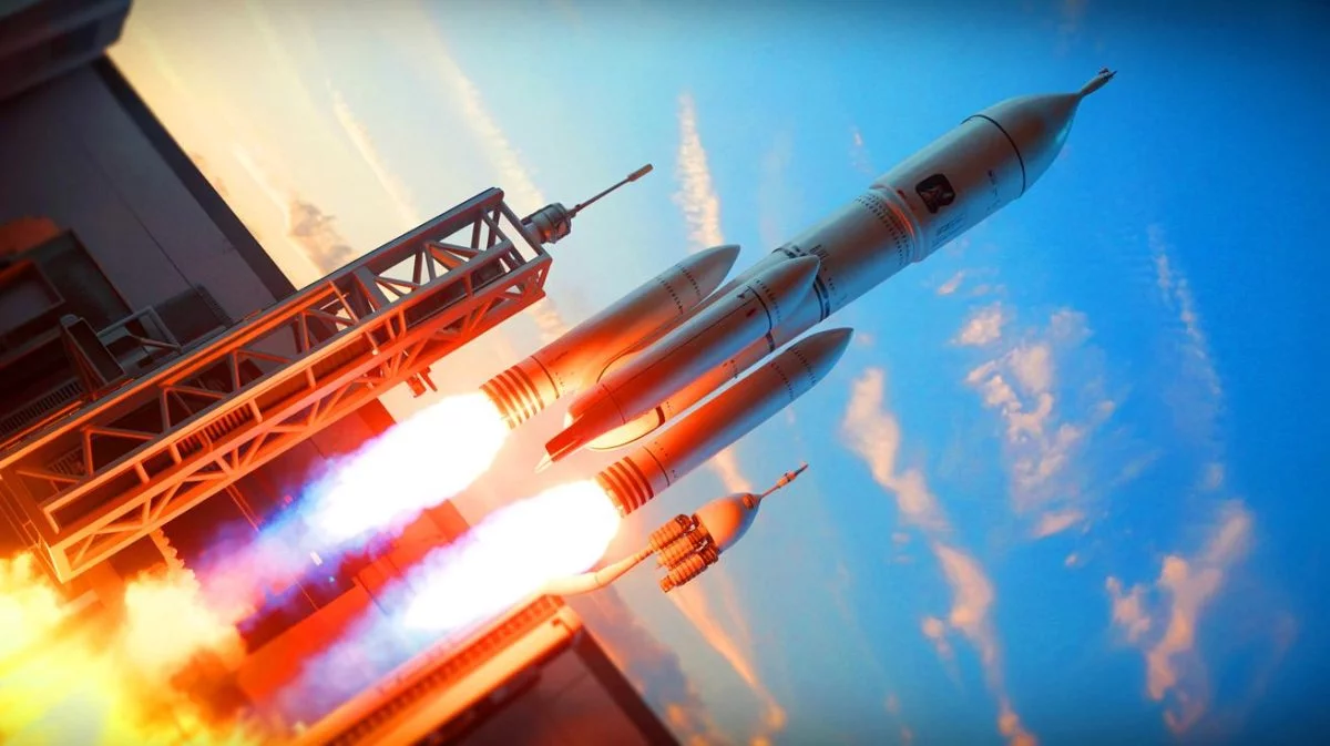 Illustration von der Entwicklung und dem Einsatz von Raketen zur globalen Frachtlieferung.