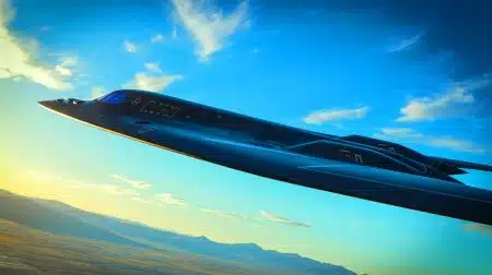 Illustration de la présentation du B-21 Raider lors de ses essais à la base aérienne d'Edwards.