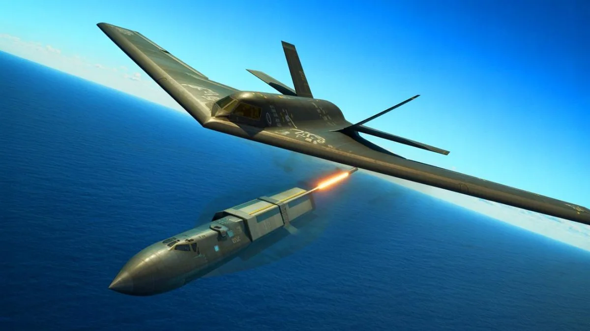 Illustration of a U.S. Air Force B-2 bomber deploying a 2,000-pound Quicksink bomb during a joint exercise with Norwegian allies.