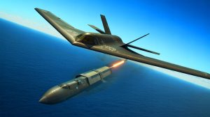 Illustration of a U.S. Air Force B-2 bomber deploying a 2,000-pound Quicksink bomb during a joint exercise with Norwegian allies.