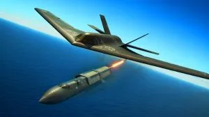 Illustration of a U.S. Air Force B-2 bomber deploying a 2,000-pound Quicksink bomb during a joint exercise with Norwegian allies.