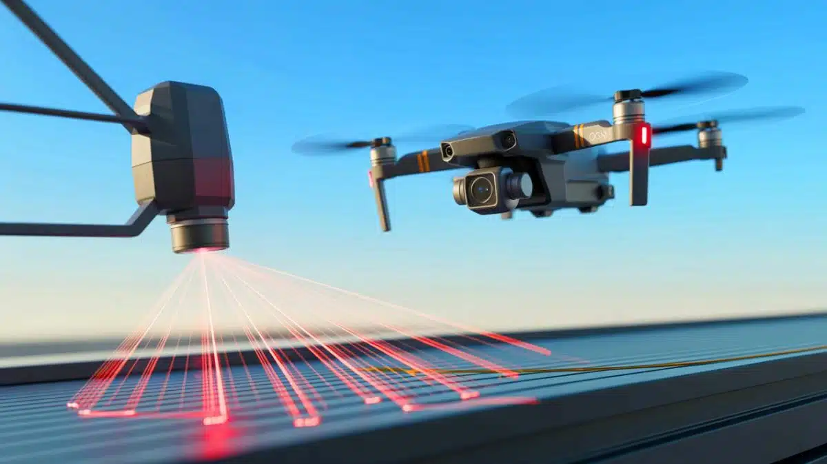 Illustration de la technologie de drones chinois réfléchissant des faisceaux laser pour découper le métal.