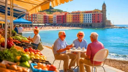 Illustration de retraités français profitant de la vie ensoleillée sur la côte espagnole.
