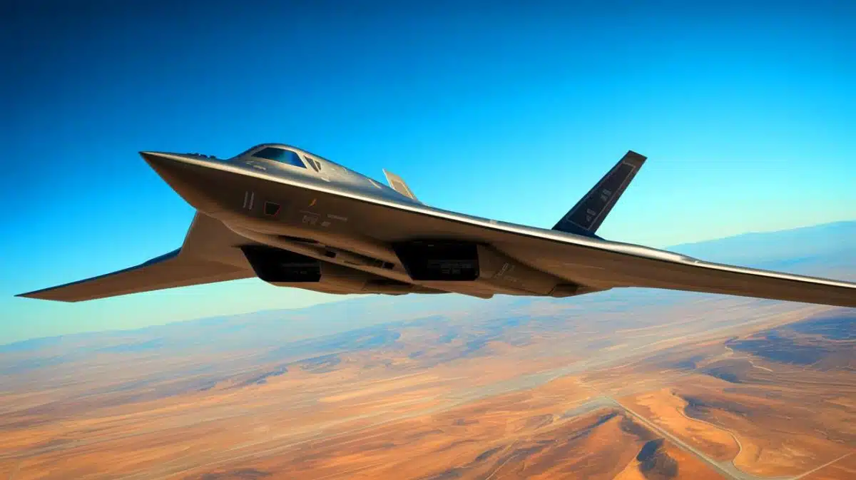 Illustration of the B-21 Raider stealth bomber during a flight test at Edwards Air Force Base.