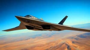 Illustration of the B-21 Raider stealth bomber during a flight test at Edwards Air Force Base.