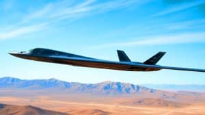 Illustration of a B-21 Raider test aircraft landing at Edwards Air Force Base during developmental flight testing.