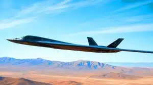 Illustration of a B-21 Raider test aircraft landing at Edwards Air Force Base during developmental flight testing.