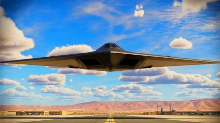 Illustration of a B-21 Raider stealth bomber at Edwards Air Force Base during testing.