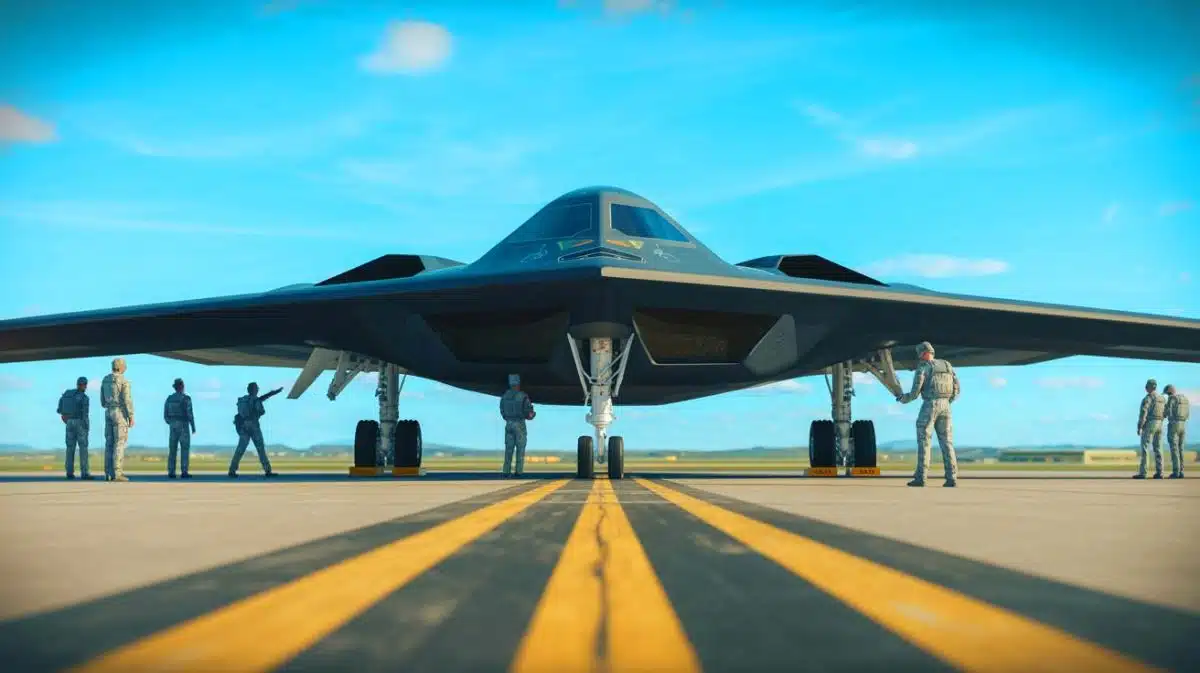 Illustration de l'avion B-21 Raider en phase de tests sur une base aérienne américaine.
