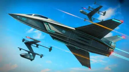 Illustration de chasseurs de sixième génération intégrant intelligence artificielle et technologies furtives.