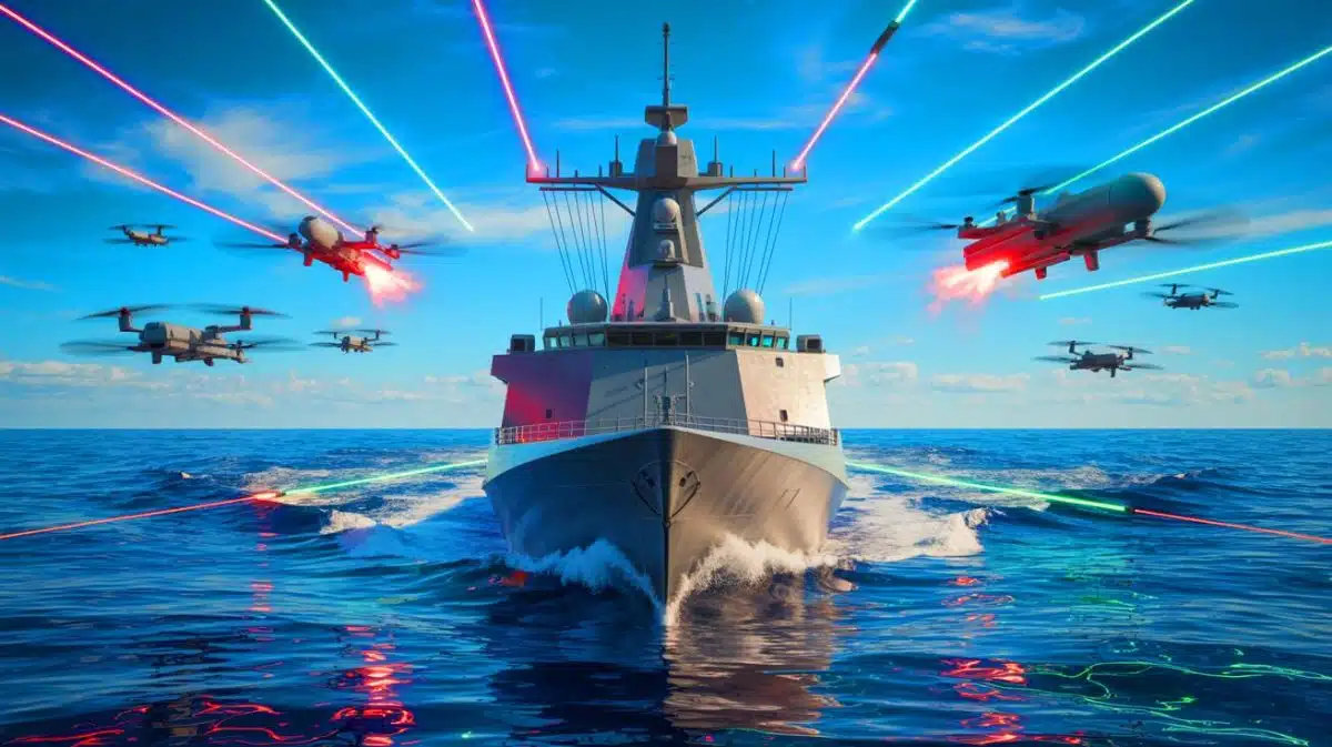 Illustration de la défense navale contre les essaims de drones grâce à des technologies avancées.
