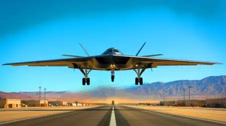 Illustration de l'arrivée d'un deuxième B-21 Raider à la base aérienne d'Edwards pour des essais en vol.