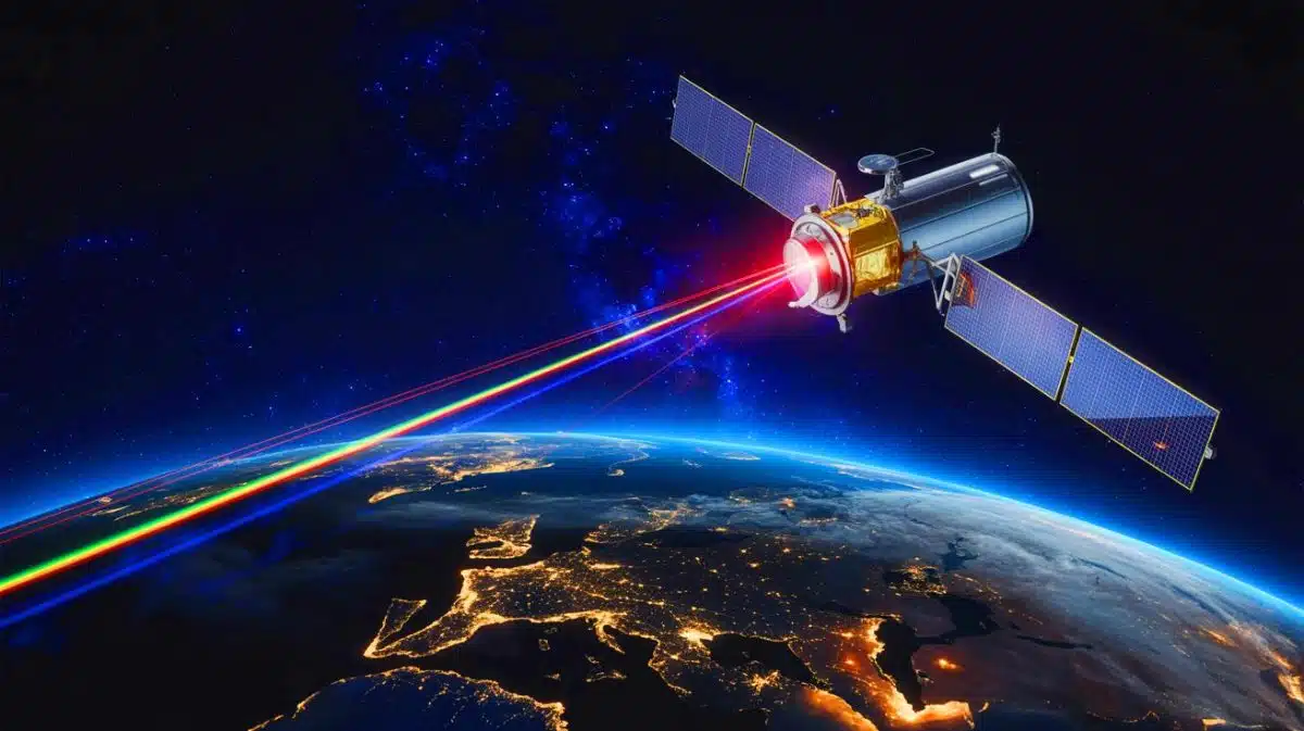 Illustration de la technologie laser chinoise en orbite géostationnaire défiant les normes de communication spatiale.