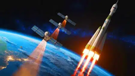 Illustration de satellites russes Kosmos en orbite avec un objet mystérieux libéré.