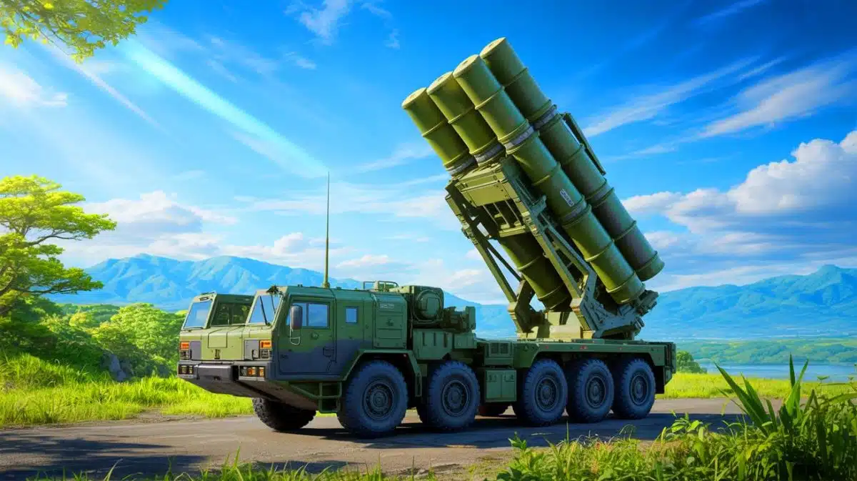 Illustration de la démonstration du système de missiles Typhon par l'armée américaine au Japon.