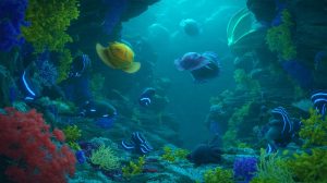 Illustration of alien-like sea creatures thriving in the deepest parts of the Pacific Ocean.