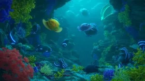 Illustration of alien-like sea creatures thriving in the deepest parts of the Pacific Ocean.
