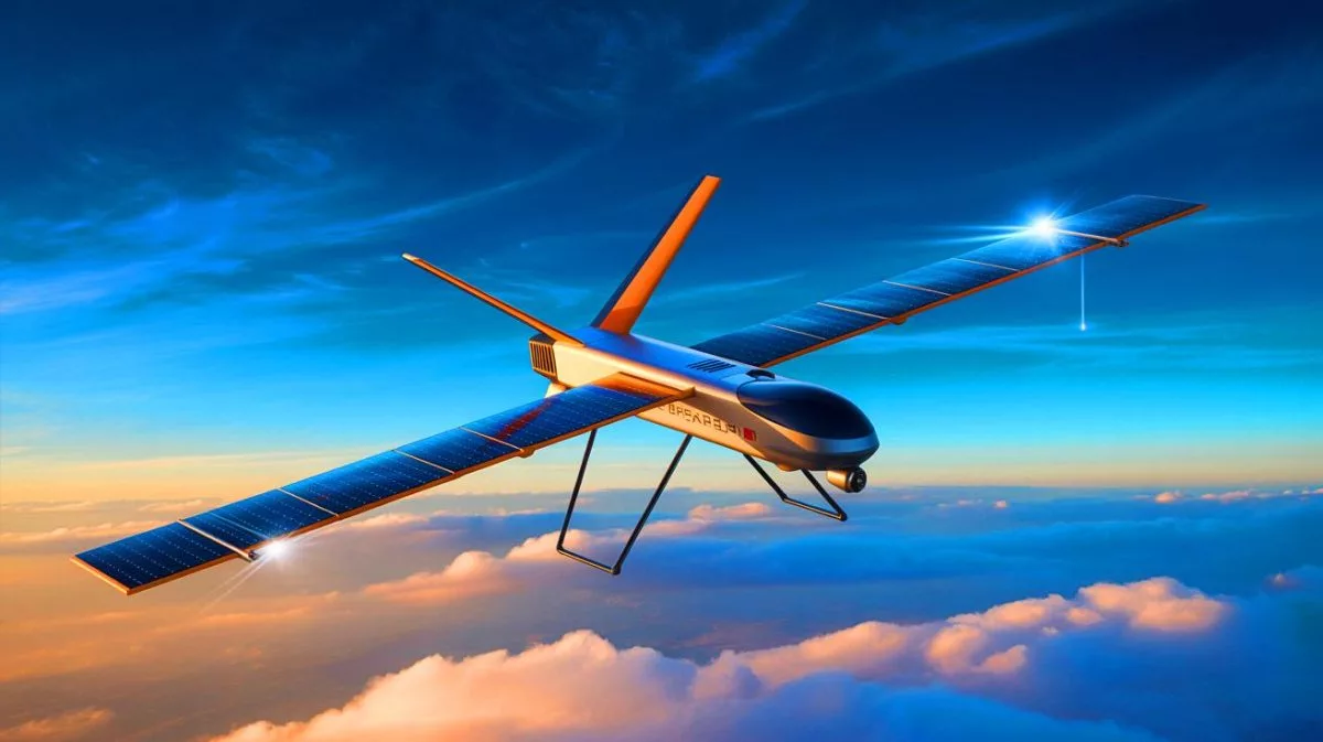 Illustration de l'Horus A, drone solaire stratosphérique révolutionnant les opérations militaires et civiles.