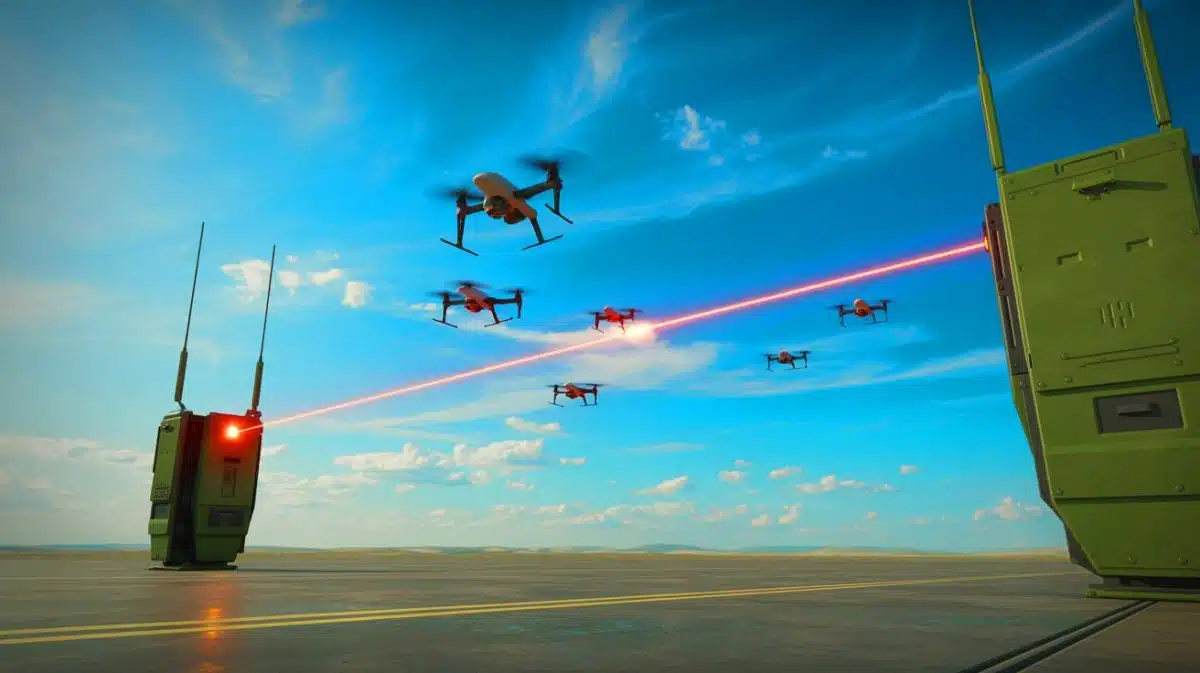 Illustration de l'efficacité du système de laser "Apollo" contre les essaims de drones.