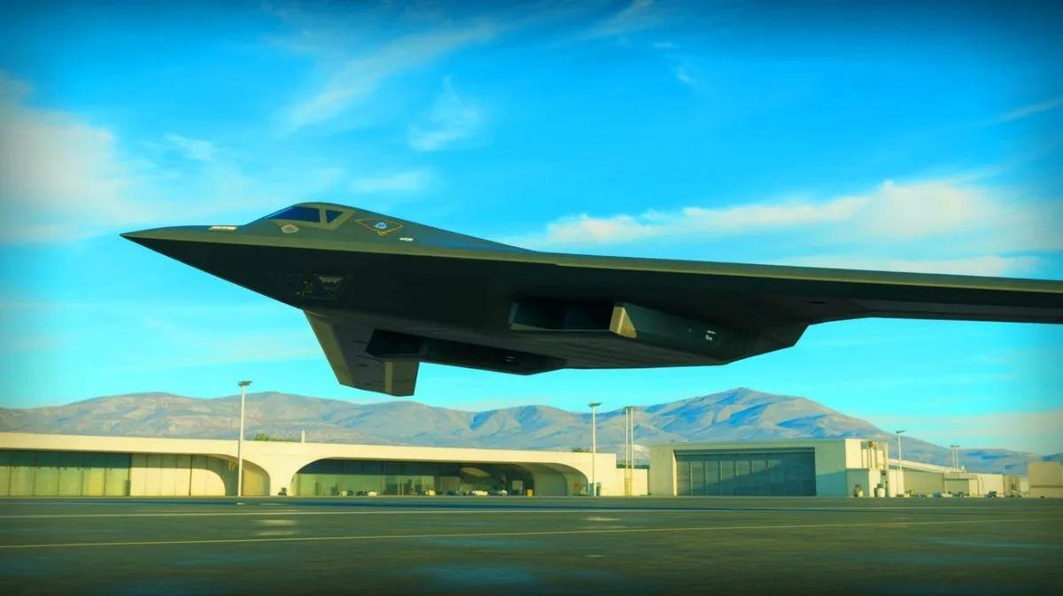Illustration de l'arrivée du B-21 Raider à la base aérienne d'Edwards pour des essais critiques.