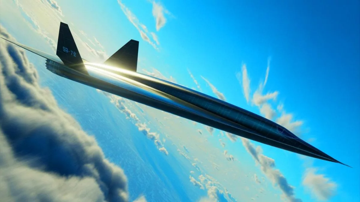 Illustration de l'avion hypersonique SR-72 en plein vol, symbolisant les avancées technologiques de Lockheed Martin.