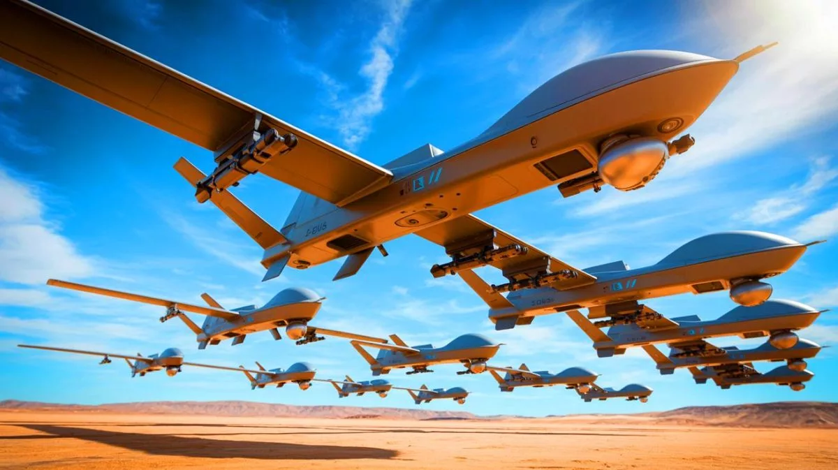 Illustration de l'utilisation des horloges atomiques pour la coordination des essaims de drones de l'Armée de l'Air américaine.