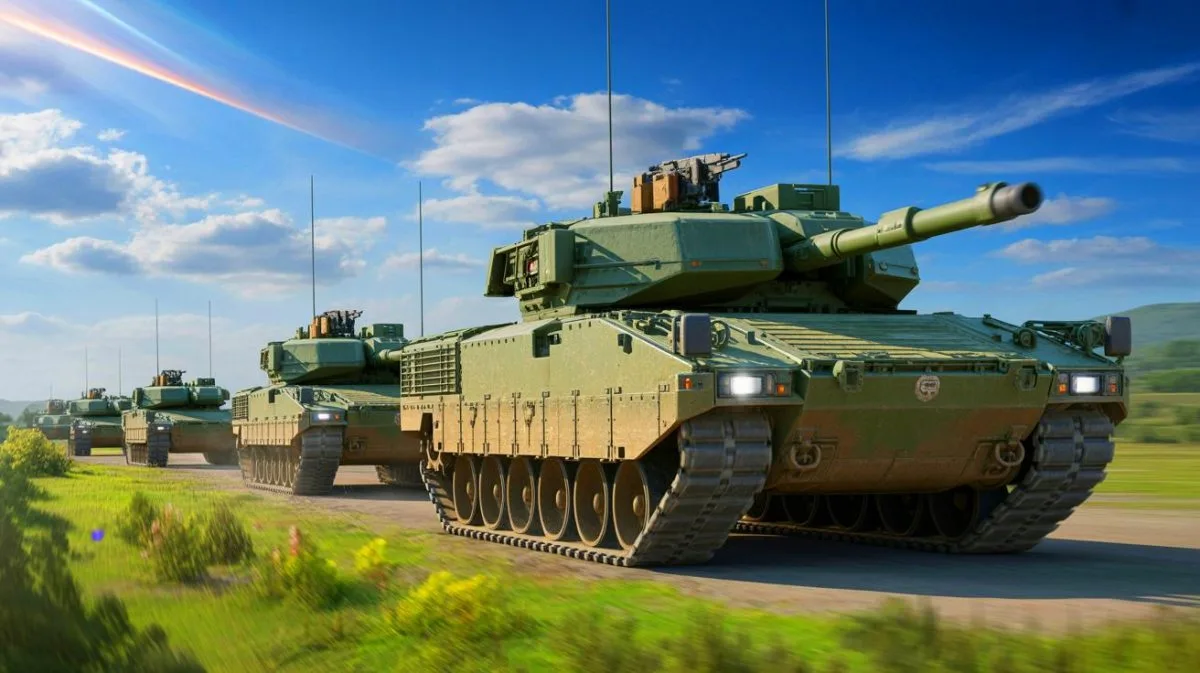 Illustration of BAE Systems' CV90 tracked combat vehicles in a military setting.