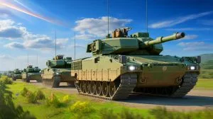 Illustration of BAE Systems' CV90 tracked combat vehicles in a military setting.