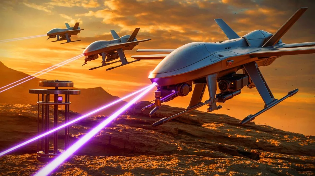 Illustration de drones équipés de faisceaux laser en action sur le champ de bataille.