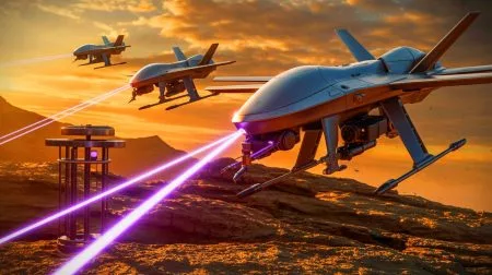 Illustration de drones équipés de faisceaux laser en action sur le champ de bataille.