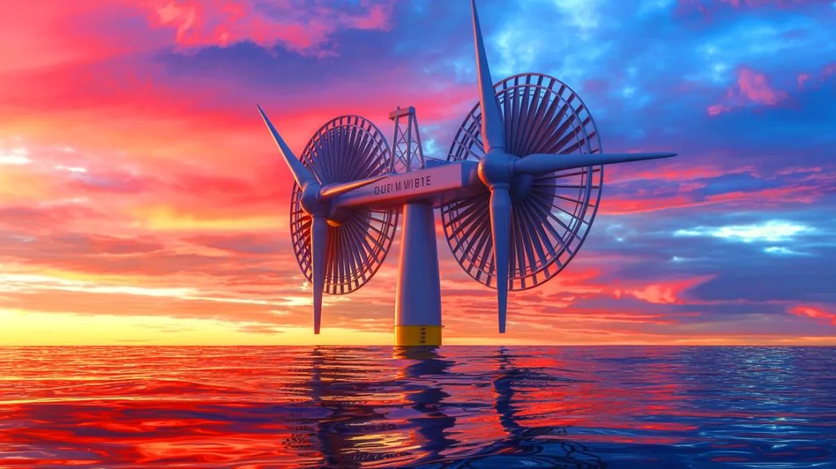 Illustration de l'éolienne offshore géante OceanX à double turbine en fonctionnement.