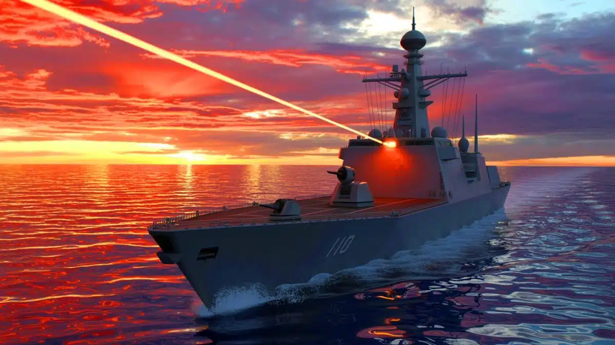 « 4 millions de dollars par tir contre quelques euros » : l’US Navy pulvérise les drones à la vitesse de la lumière Illustration de la technologie laser HELIOS de la marine américaine en action contre des menaces aériennes.