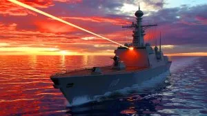 Illustration de la technologie laser HELIOS de la marine américaine en action contre des menaces aériennes.
