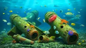 Illustration de la biodiversité marine prospérant sur des explosifs immergés de la Seconde Guerre mondiale.