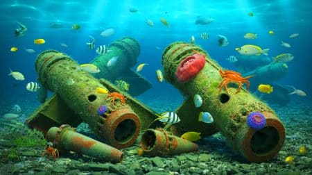 Illustration de la biodiversité marine prospérant sur des explosifs immergés de la Seconde Guerre mondiale.