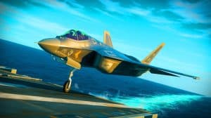 Illustration von einem J-35 Tarnkappenjäger während eines Trägertests.