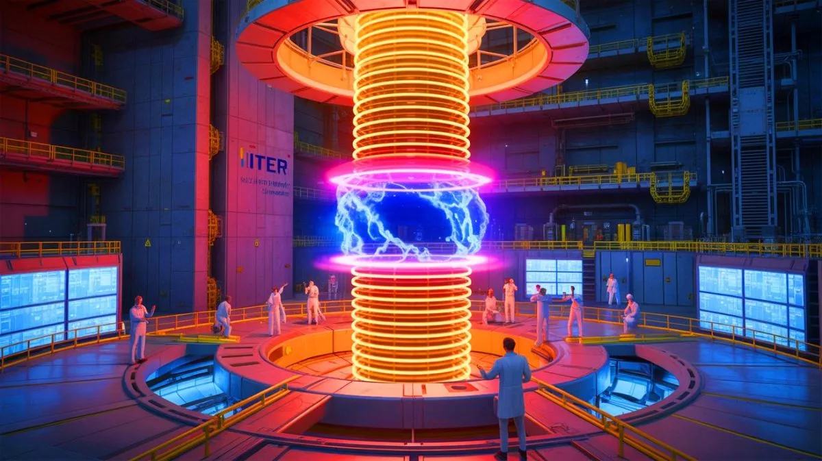 Illustration of the ITER nuclear fusion reactor project with international collaboration efforts.