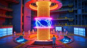 Illustration of the ITER nuclear fusion reactor project with international collaboration efforts.