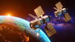 Illustration von Satellitentechnologie und Raumfahrtinnovationen im globalen Wettstreit.