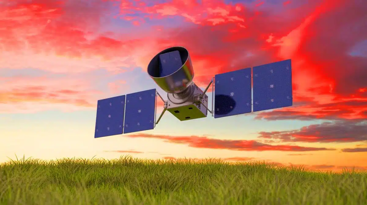 Illustration von unsichtbarer Kommunikationstechnologie durch Metamaterialien und Satellitensysteme.