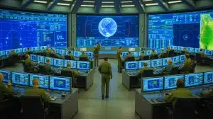 Illustration of a missile detection radar system monitoring global threats.