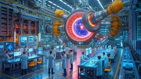 Illustration von der internationalen Zusammenarbeit im ITER-Projekt zur Erforschung der Kernfusionstechnologie.