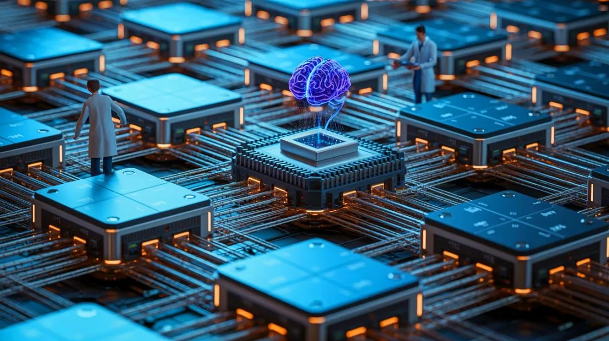 Illustration von einem neuromorphen KI-System mit energieeffizienter Technologie.