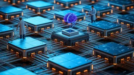 Illustration von einem neuromorphen KI-System mit energieeffizienter Technologie.