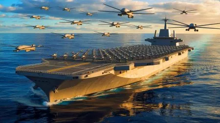 Illustration of the Jiu Tian drone carrier deploying swarms of drones.