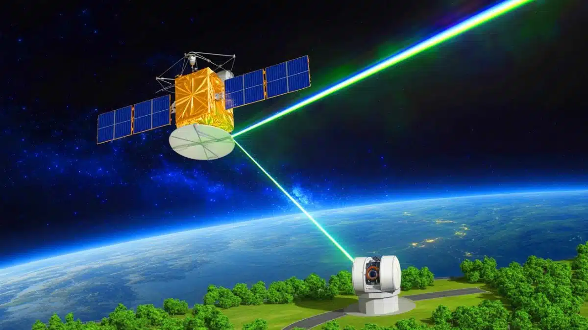 Illustration of a geostationary satellite using a laser to transmit data to Earth.