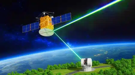 Illustration of a geostationary satellite using a laser to transmit data to Earth.