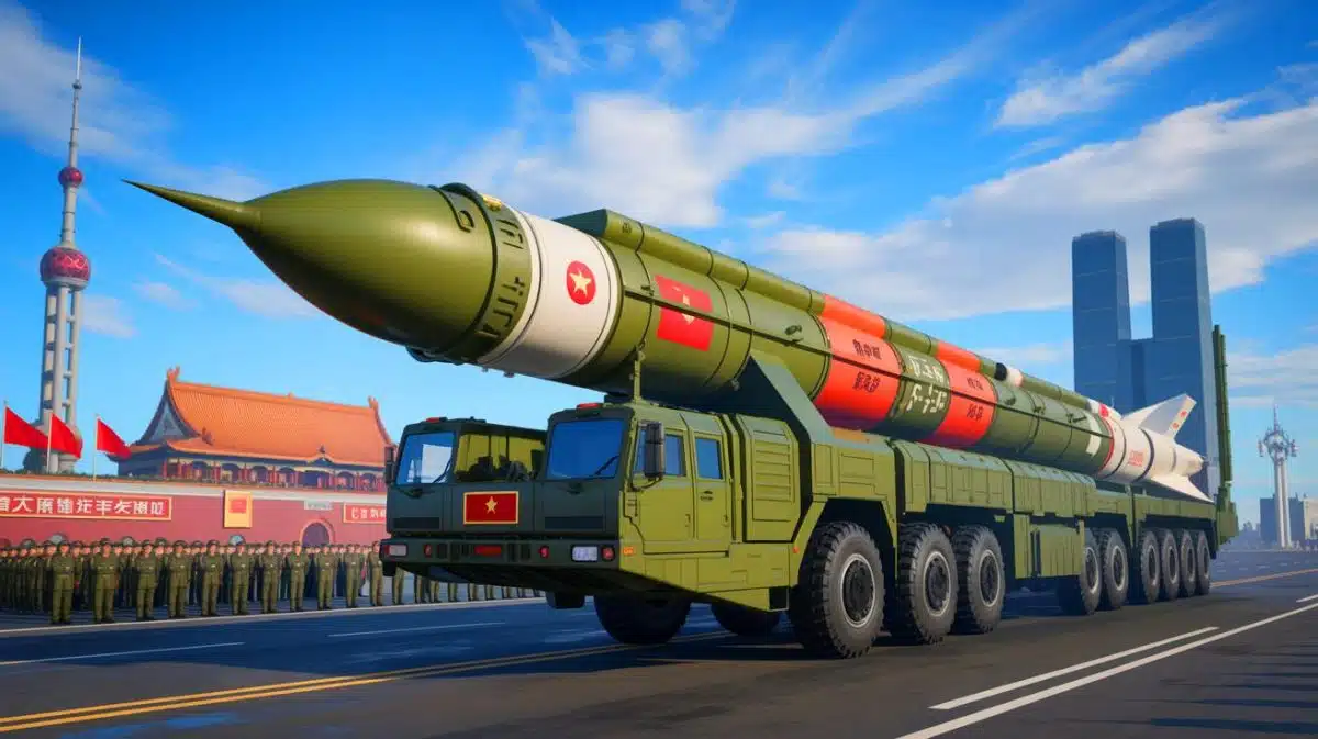Illustration von der Enthüllung der chinesischen Interkontinentalrakete DF-5C auf einer Militärparade in Peking.